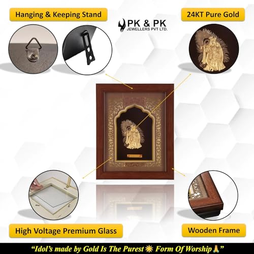 Image of Pk & Pk Jewellers Lord Radha Krishna with Peacock Feather | 24KT Gold Frame | Temple Collection | Extra Small Size [14x18 cm] (For Premium Gift, Temple, Table Decor, Home Decoration)