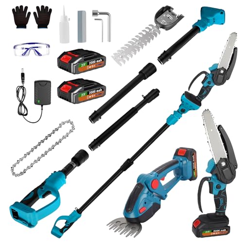 Timisea Kit 6 en 1 pour tronçonneuse et taille-haie avec manche télescopique (1,4-2,5 m), 2 batteries, 2 lames, scie à élaguer, scie à élaguer, scie à...