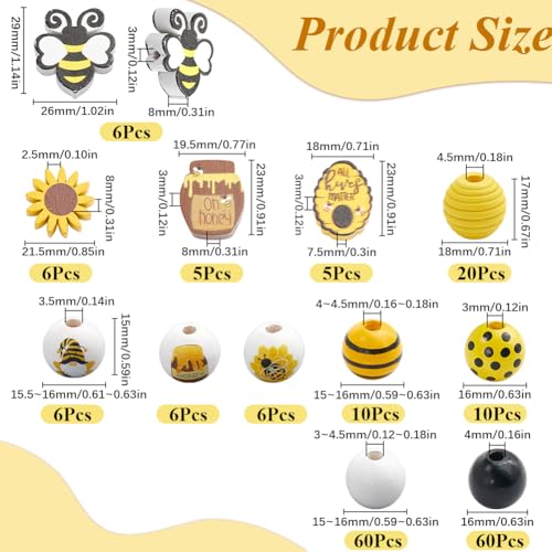 SOFPLATE 200Pcs 12 Styles Bee Bead Wood Honeycomb Beads Bulk Honey Jar Spring Summer Yellow Flower Rustic Farmhouse Bee Craft Loose Wooden Beads for Bracelet Beading Necklaces Home Decor DIY Crafts - Image 2