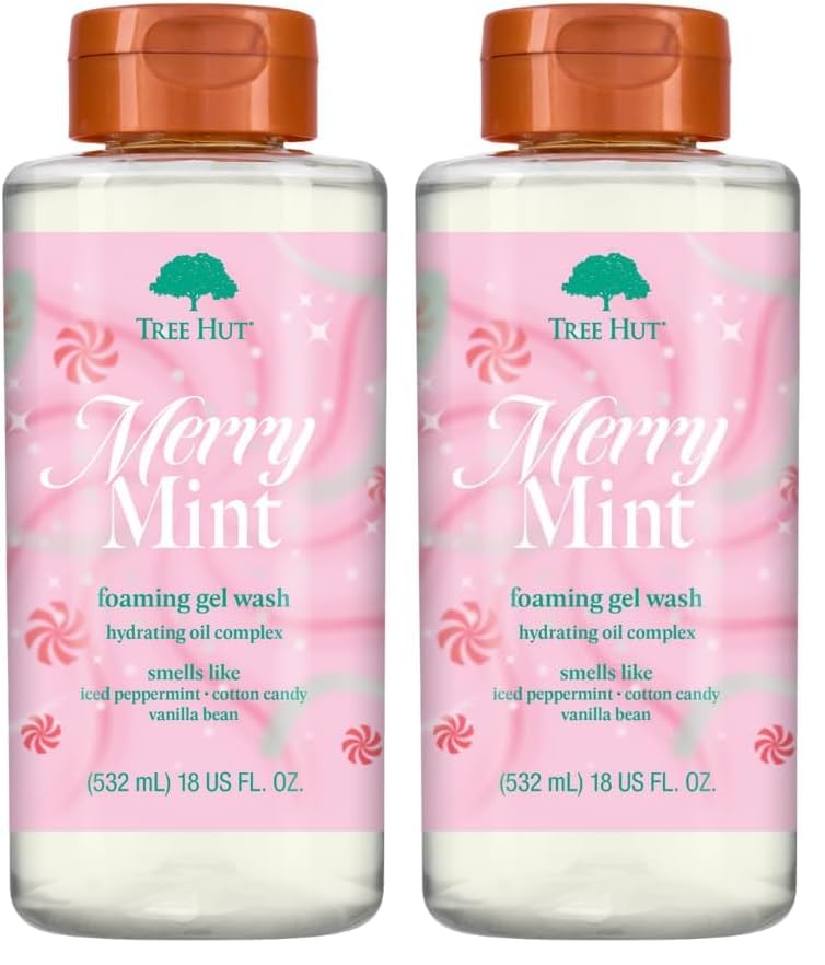 Image of Tree Hut Merry Mint Foaming Gel Wash, Moisturizing & Hydrating Body Wash with Shea Butter, Gently Cleanses for Soft, Fresh & Radiant Skin, 18 fl oz (Pack of 2)