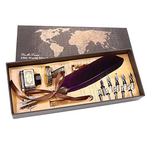 Juego de bolígrafos de caligrafía, elegante bolígrafo de inmersión con patrón tallado, kits de caligrafía retro para adultos con 10 puntas reemplazables, bolígrafo de tinta de (púrpura)