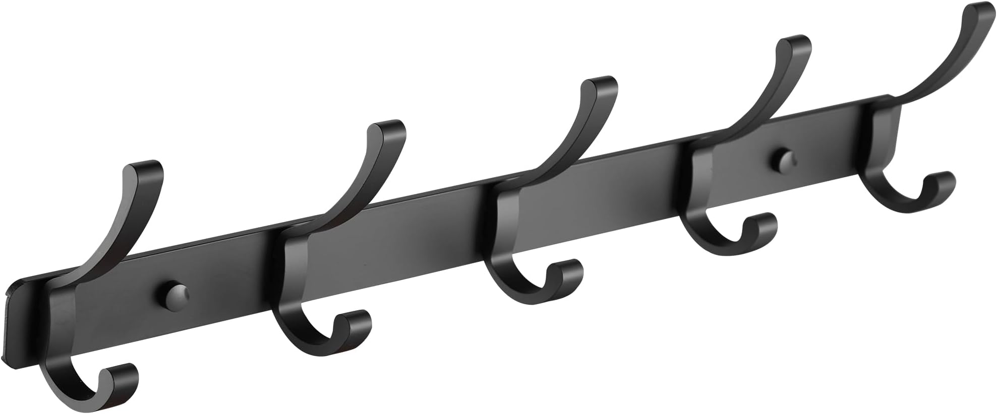 Wall Mount Coat Hooks Heavy Duty Aliminum Hooks for Hanging Towel Hat Robe Cloth Organizer for Bathroom Kitchen Living Room Bedroom Door Hooks Black (5 Hooks)