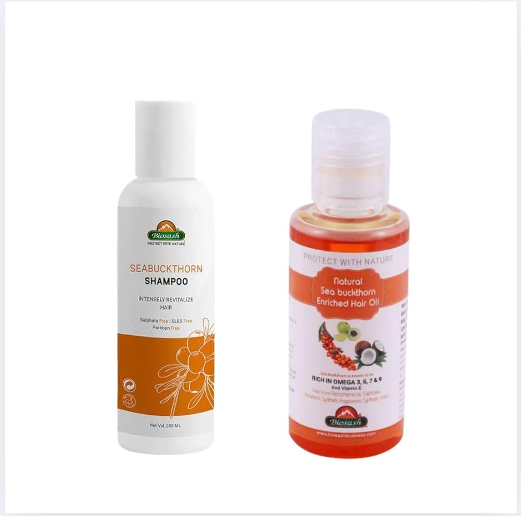 Biosash Sea Buckthorn Hair Care Combo – Hair Oil 100ml & Shampoo 200ml | Ayurvedic Hair Fall Control Kit with Omega 3 6 7 9 & Vitamin E | SLES Free Sulphate Free Paraben Free Scalp Cleanser-picture-15