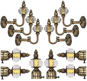 Ferio Curtain Brackets with Support for Door and Windows Rod Fitting 1 Inch Rod Pocket Set Brass Antique for Home Decor Zinc with Crystal Diamond (Curtain Finial 6 Pcs and Curtain Holder Rod 6 Pc