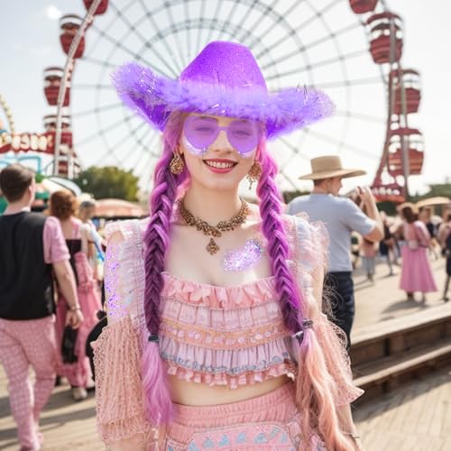 Image of SHENYI Glitter Cowgirl Hat with Heart Sunglasses Body Glitter Face Glitter Cowboy Hat for Women Men Music Festival Party