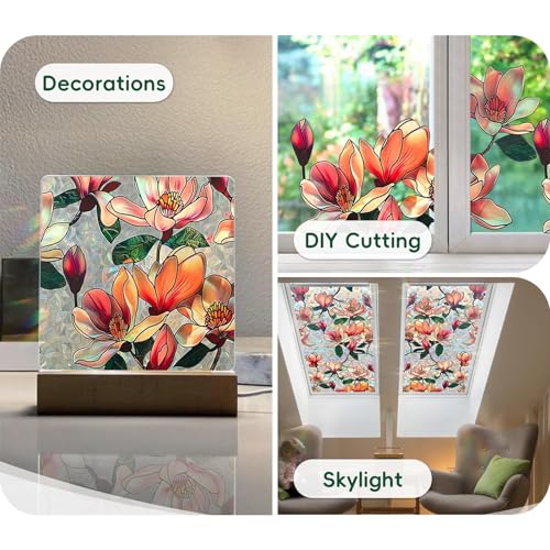 Image of XhuangTech Flower Sunroof Film Floral Rainbow Effect Static Clings Window Privacy Film Sun Protection Stained Glass Decals for Car Moonroof and Home (F834, 17.72 x 35.43 Inch)