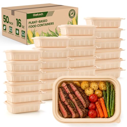 100 Piece (50 Pack) Meal Prep Containers with Lids, 16 oz Cornstarch Small Food Storage Containers Plant-based Lunch Box for Salad, BPA Free Plastic Disposable Take Out Boxes Microwave & Freezer Safe