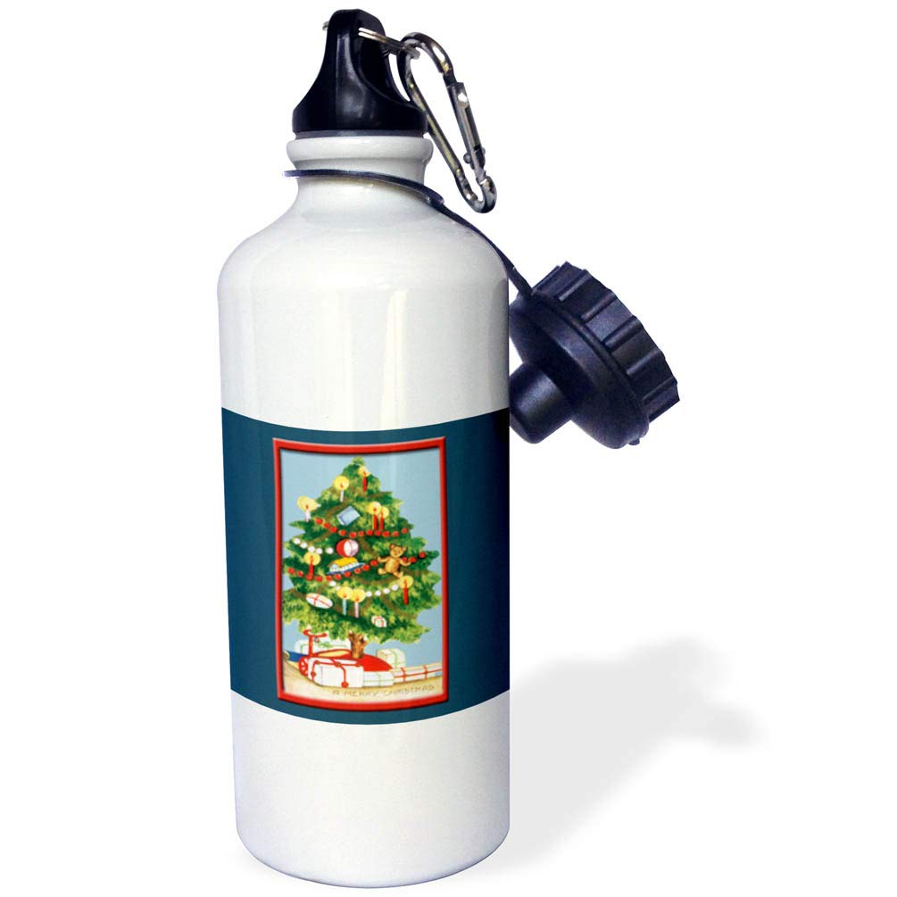 3dRose Vintage Christmas Tree decorated with Candles Framed in Red on a Dark Blue Background Sports Water Bottle
