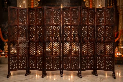 Image of Wooden Room Partition Screen Divider with Stand for Living Room and Bedroom (Brown) | Folding Sheesham Wood Room Separator Wall for Office and Salon