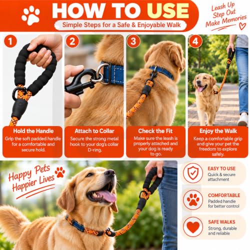 Image of PetVogue FT Nylon Rope Dog Leash, Heavy Duty Training & Walking Lead for Small, Medium & Large Dogs, Reflective Pet Walking Cord with Comfortable Padded Handle & Strong Metal Clip (Orange)