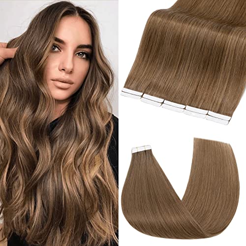 S-noilite Tape in Hair Extensions Human Hair,10 PCS Natural Remy Tape Extensions Straight Seamless Skin Weft Hair Extensions for Women (12 Inch, Light Brown)
