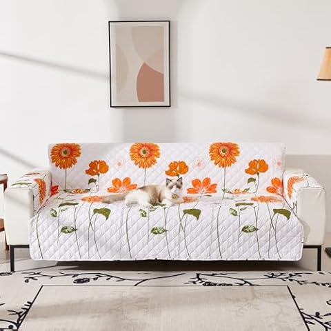 EVENHUG Sofa Cover for 3 Cushion Couch Sunflower Sofa Slipcover Washable 3 seat Couch Cover Furniture Protector Cover with Elastic Straps for Pets Kids Dog Cat (Sofa,Orange) Cover