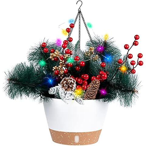 Pre-lit Christmas Hanging Basket, Artificial Christmas Hanging Planters with Frosted Berry Decorated Pine Cones, Berry Clusters,Colorful LED Lights, for Outdoor, Garden Holiday Decorations(15-inch) Cover