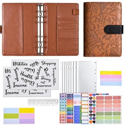 Journal rechargeable A6 en cuir avec classeur à 6 anneaux et autocollants de budget