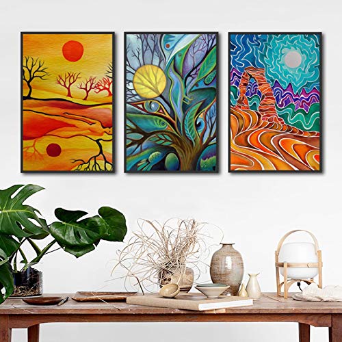 Toile peinture mur art soleil abstrait coloré triptyque moderne sans cadre 40x60cm