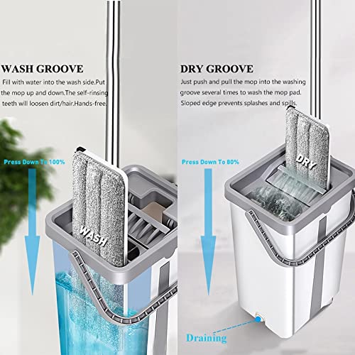 AnraM Wischmopp/flacher Bodenwischer Freisprecheinrichtung Reinigung im Büro mit flachem Mopp und Eimer-Set zum Trennen von schmutzigem und sauberem Wasser Mikrofaser 6 Pads Bodenreinigungssystem – Bild 8