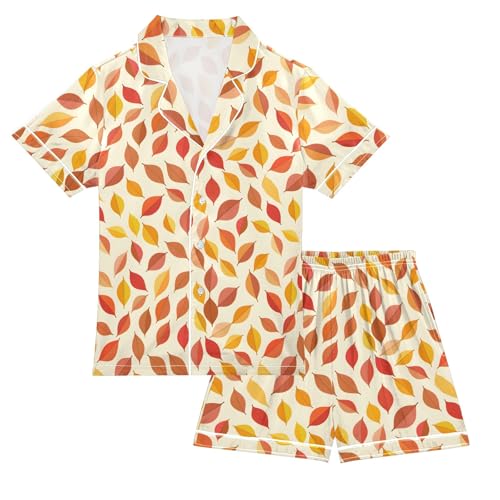 Simple Autumn Leaf Summer Satin Pajama Set, Cute Button-Down Sleepwear Pj Set for Sleep Wears