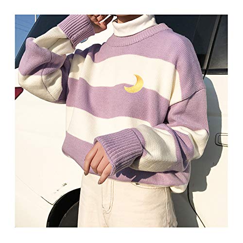 Women Sweet College Style Harajuku Moon Sweater Woman's Kawaii Crew Neck Striped Winter Students Thick Lazy Pullover (Purple, Onesize) #TOP1