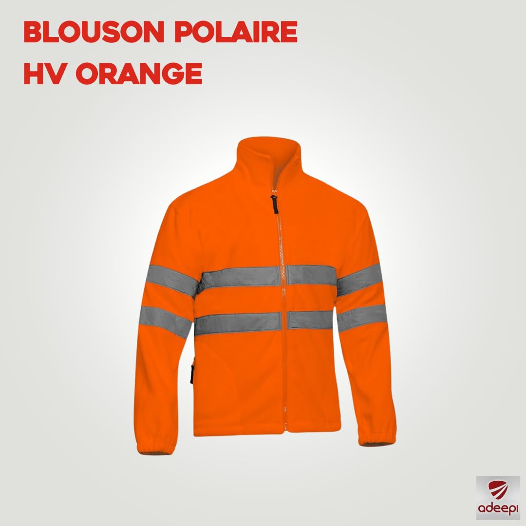 Polaire HV orange | Haute-Visibilité | Deux poches frontales zippées | Fermeture centrale zippée | Bandes réfléchissantes | Taille ajustable | Usage Professionnel | Orange Fluo | De XS au 4XL