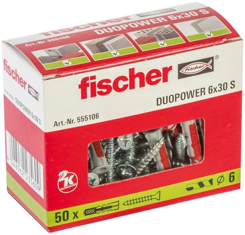 fischer - Tacos DuoPower 6x30 con tornillos, tacos para pared, tacos universales, tacos para hormigón, caja profesional de 50 unidades.