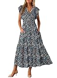 Picture of BLENCOT Womens Maxi Summer Casual Dresses Cap Short Sleeve V Neck Beach Flowy Fashion Boho Floral Printed Tie Dresses with Pockets P220 L