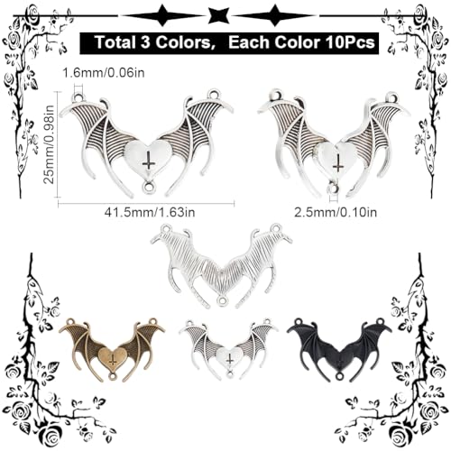 SUNNYCLUE 1 BOX 30PCS Black Bat Connector Charms Heart Charms Halloween Gothic Vampire Wing Double Loops Silver Bronze Black Link Charm Bulk for Jewellery Making Charms Earrings Necklace Diy Crafts - Image 2