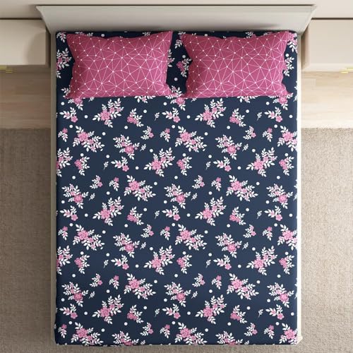 Image of Wakefit Cotton Fitted Bedsheet | 200 TC Elastic Solid Fitted Sheet, King Bed Bedsheet with 2 Pillow Covers | Paula - 84X72 Inches,Multicolor