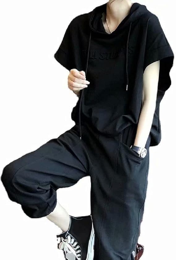 Amazon Exsaupy スウェット セットアップ レディース ジャージ フード付きパーカー 九分丈 パンツ 上下セット フレンチ袖 Tシャツ サルエルパンツ 2点セット スポーツウェア 半袖 トップス ボトムス ゆったり 無地 ルーム着 部屋着 春 夏 大きいサイズ ジャージ上下