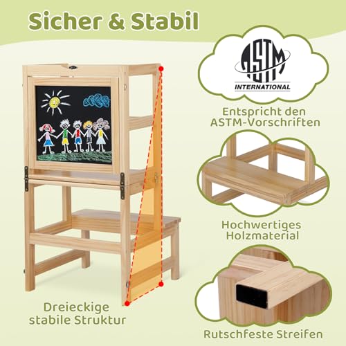 Bonnlo Lernturm mit drehbarer Tafel für Kinder, Lernturm klappbar ab 1 Jahr, Kinderstuhl aus Holz, für...