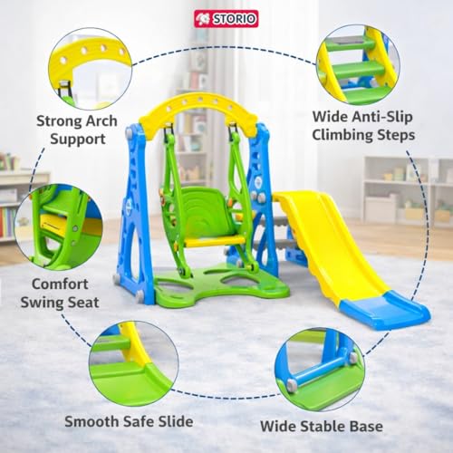 Image of Storio 3-in-1 Garden Slide & Swing with Basketball Hoop for Kids 2-5 Years | Indoor Outdoor Baby Slide Swing Combo | BPA-Free Plastic Playset for Boys & Girls | Easy Assembly - Blue Green & Yellow