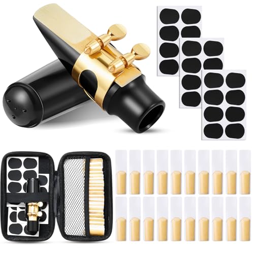 Treela 49 Pcs Alto Saxophone Replacement Kit Includes 1 Gold Sax Ligature 1 Mouthpiece 1 Plastic Cap 21 Sax 2.5 Reeds 24 Mouthpiece Pads 1 EVA Storage Case for Alto Saxophone Parts and Accessories