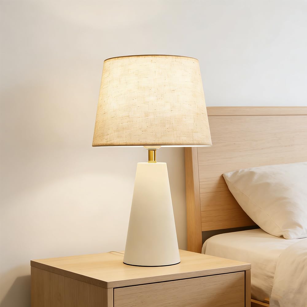 Lámpara de Mesa Elegante Pantalla de Tela Beige E27 Lámpara De Cabecera Con interruptor Lamparas de mesita Lámpara Escritorio para Dormitorio Mesita de Noche Salón Sala De Estar Estudio (Blanco)