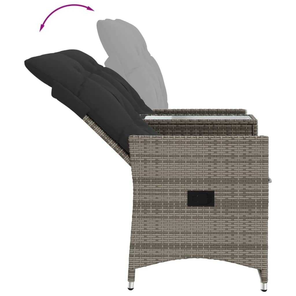 Divano da Giardino 2 Posti con Tavolo, in Polyrattan Grigio, Schienale Regolabile, Set Giardino Esterno, Salotto da Giardino, per Terrazzo e Giardino, Colore Grigio, 130 x 59 x 92 cm