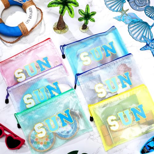 Kacctyen 12 Pcs Clear Sun Makeup Bag Beach Pool Summer Waterproof Makeup Sunscreen Pouch Portable Travel Preppy Mesh Bag Zipper Pouch Toiletry Storage Women Gift for Cosmetic Accessories(Blue,Sun)3