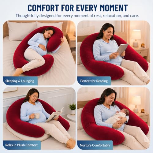 Image of Amazon Basics Full Body Pregnancy Pillow for Maternity, Baby Nursing,Full Body Support -Abdomen,Hip, Spine, Neck& Leg Support Cushion| Perfect Baby Shower Gift |C-Shaped-Washable Cover with Zip-Maroon