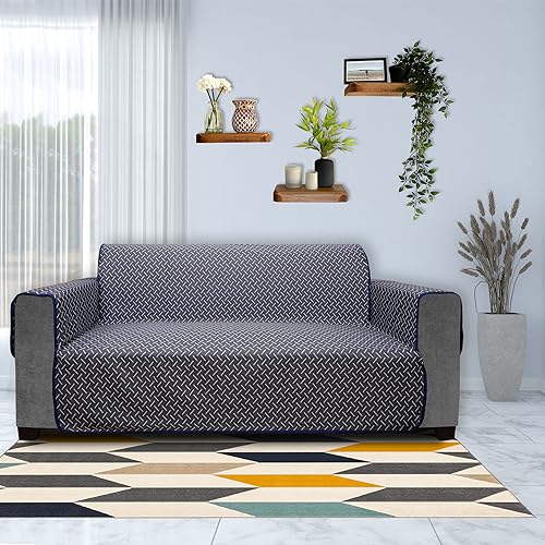 Image of DREAM KING 3 Layers 300 GSM Waterproof Reversible Sofa Cover 4 Seater with Pockets | Dust Protective Soft Fabric Sofa Seat Cover Navy Blue & Grey