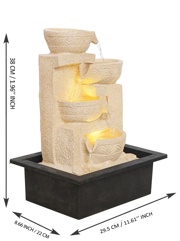 Image of Polyresin Table Top Cream Colour Designer Indoor 4 Diya Steps Waterfall Fountain for Home Decor with Yellow LED & Water Flow Controller Pump (Size: 38 x 29.5 x 22CM | Weight: 2000 Gram)