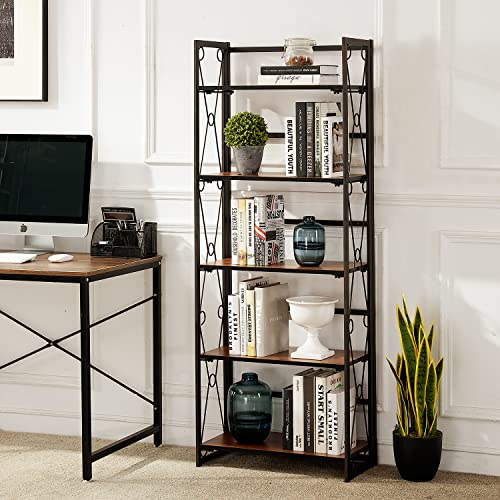 Vecelo 5 Tier Folding Bookshelf, No Assembly Book Shelf Bookcase, Industrial Metal Free-Standing Shelves Organizer Home Decor For Living Room, Bedroom, Study, Kitchen, Walnut #TOP3