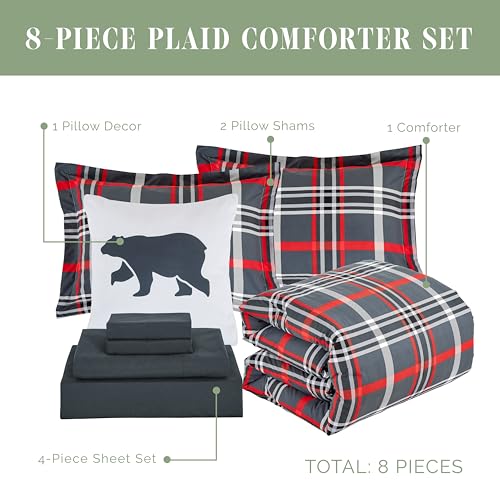 Image of Elegant Comfort 8-Piece Lodge Plaid Reversible Comforter Set - All Season Bed in a Bag, 4-Piece Sheet Set Featuring Smart Pockets, Matching Shams and Decorative Pillow, Full /Queen, Gray