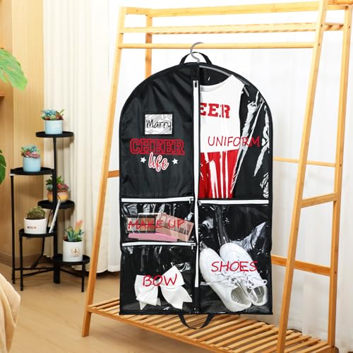 Blushtier Cheer Garment Bags for Cheerleading Uniform Waterproof Hanging Garment Bags for Dance Costumes 40 Inch Clothes Bag with 5 Pockets and Side Zip Travel Storage Cheer Uniform(Black,Red)