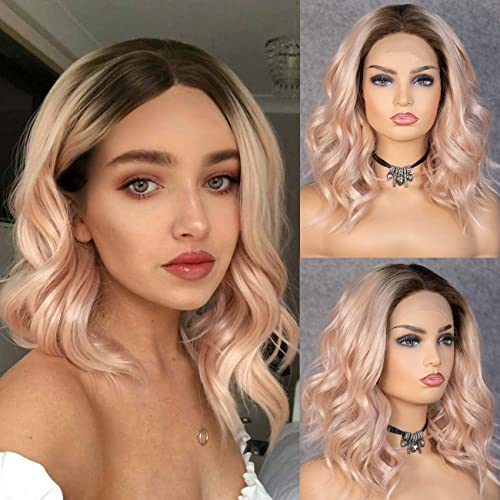 Kryssma Perücke mit ace-Font, 2 Farbtöne, Ombré mit dunklen Wurzeln, kurz, gewellt, Kunsthaar, Mittelscheitel, hitzebeständig Cover