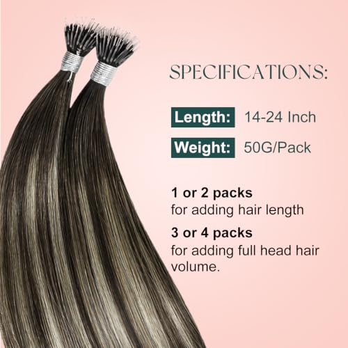 Image of Easyouth 24 Inch 50g Nano Bead Hair Extensions Human Hair Balayage, Nano Ring Human Hair Extensions, Ombre Dark Brown to Platinum Blonde with Brown, Long Straight Hair, for All-Day Wear