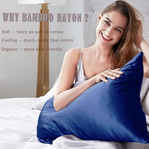 Image of Body Cooling Pillow Cases Cover, Bamboo Rayon Pillowcases with Zipper Closure, Cool & Breathable Pillow Case for Hot Sleepers and Night Sweats, 20x54 inches, Deep Blue
