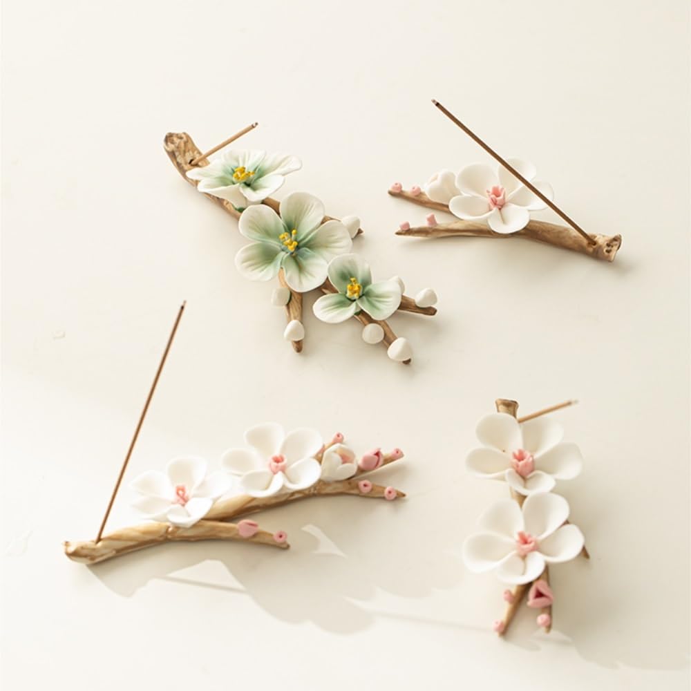 Bruciatore di incenso creativo fatto a mano con inserto per incenso a forma di fiore di prugna, inserto per incenso in ceramica pizzicato a mano, bruciatore di incenso da studio, porta incenso