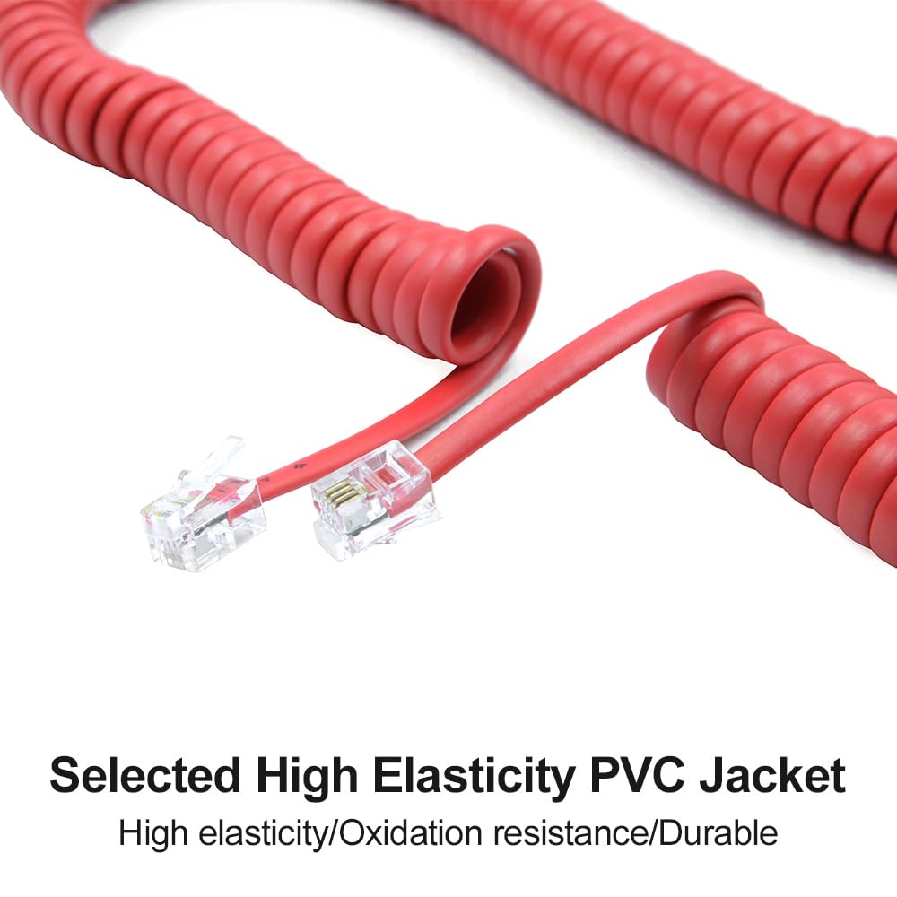 Cables de teléfono sin enrollar de 6.5 pies (enrollados de 1 pie) con conectores RJ9 4P4C para teléfono fijo, rojo, paquete de 2, compatibles universalmente, AV04904