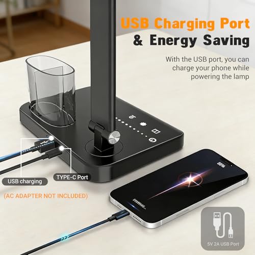 Image of ELEPHANTBOAT Table Lamp for Study Room, LED Study Lamp with Dual Light Bars, Dimmable Eye-Caring Desk Light with 5 Color Modes, USB Study Table Lamp with Pen Holder, Touch Control