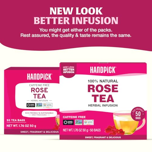 Image of HANDPICK, Rose Buds Herbal Tea Bags - 50 Count | Caffeine Free Rose Tea with Chamomile & Tulsi | Floral & Smooth | Round Eco-conscious Tea Bags