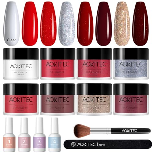 Aokitec 14 PCS Dipping Powder Nails Set, Rot Gold Glitter Dip...