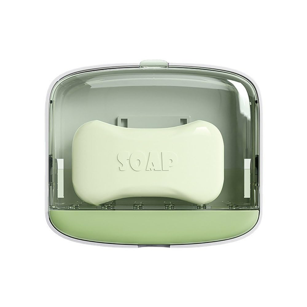 AugenblickSoap Holder with Drainage & Lid, Plastic Self Adhesive Wall Mount Bar Dish Holder for Bathroom Shower - Green