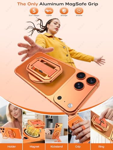 Image of 【On-the-Go】Pro Aluminum Phone Grip Stand for MagSafe,【Extendable】360 Rotatable Magnetic Ring Holder with【Anti-Slip】Finger Strap for iPhone 17 16 Pro Max Portrait Landscape & Mag Safe Case - Orange
